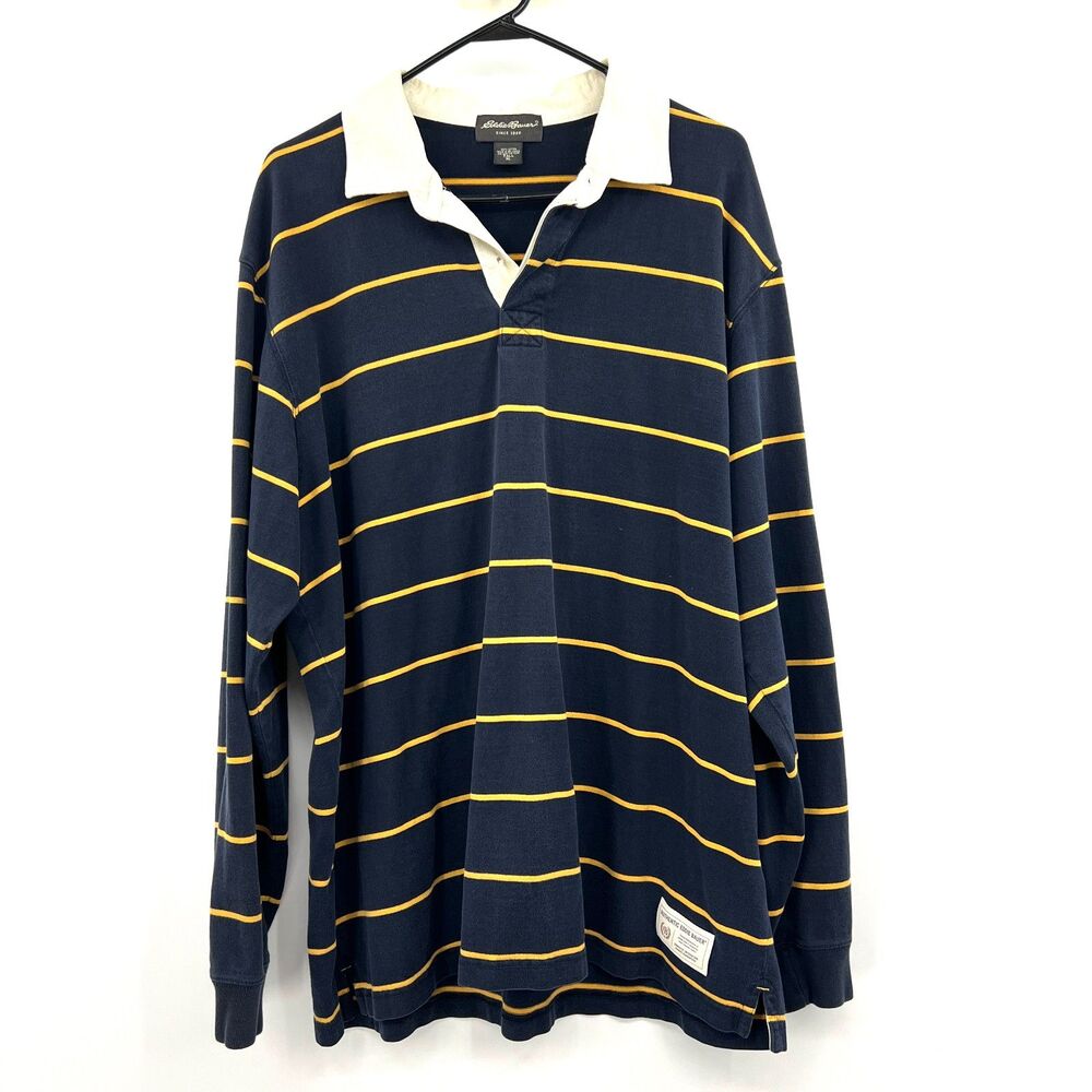 Eddie Bauer Rugby Shirt Mens Tall XL Navy Yellow Striped Long Sleeve Cotton Polo